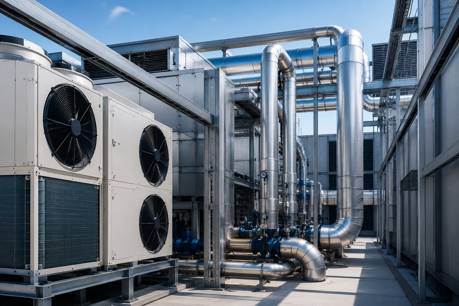 Unità esterne di climatizzazione industriale con tubazioni e condenser su tetto di capannone