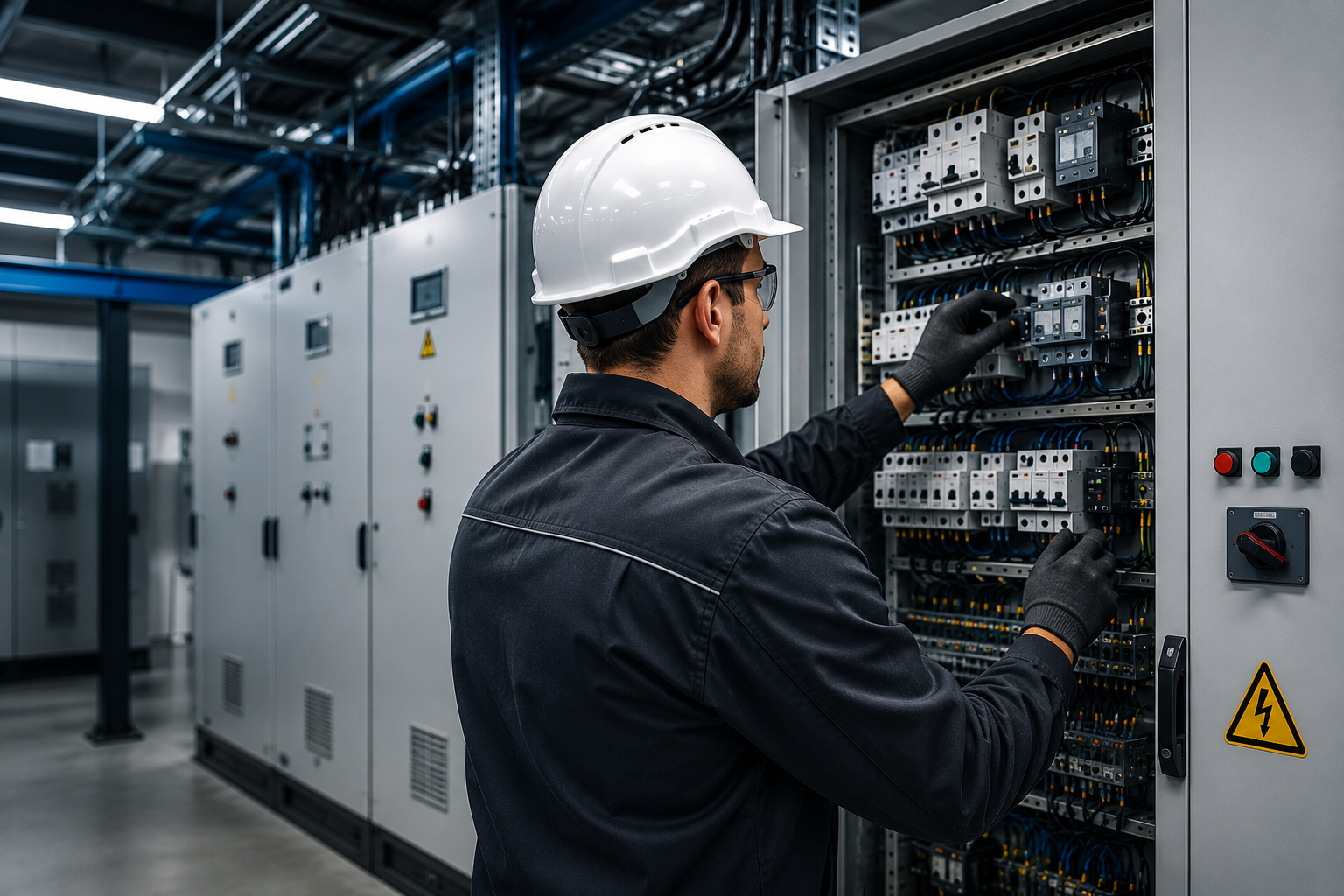 Tecnico inquadra un quadro elettrico industriale durante una verifica di manutenzione